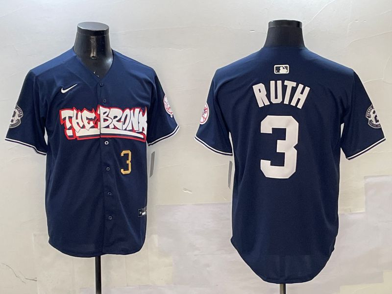 Men New York Yankees 3 Ruth Drak Blue four generations Joint Name 2025 Nike MLB Jersey style 4